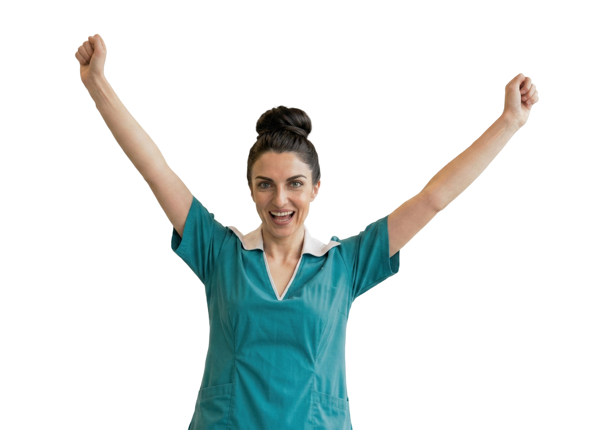 A QPathy nurse jumping joyfully with arms raised