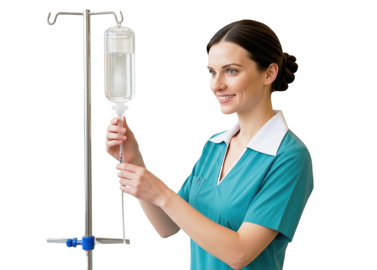A QPathy nurse adjusting an IV drip