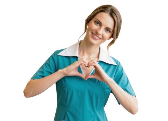 A QPathy nurse forming a heart with her hands