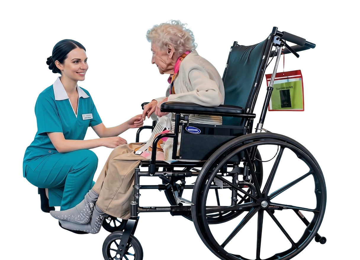 A QPathy nurse caring for an elderly woman in a wheelchair